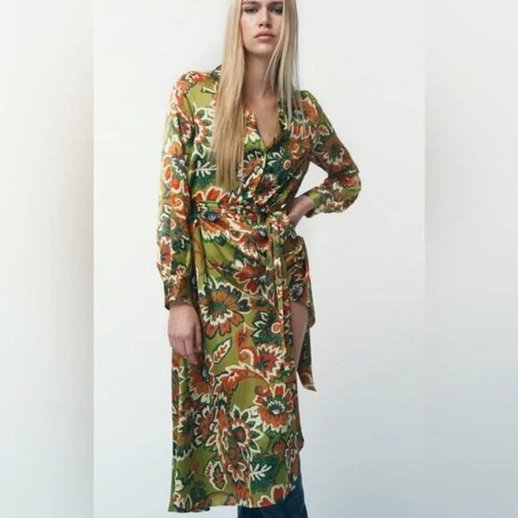 Zara Satin Effect Floral Long Sleeve Tie Belt Button Closure Midi Dress XL Green - Picture 1 of 15